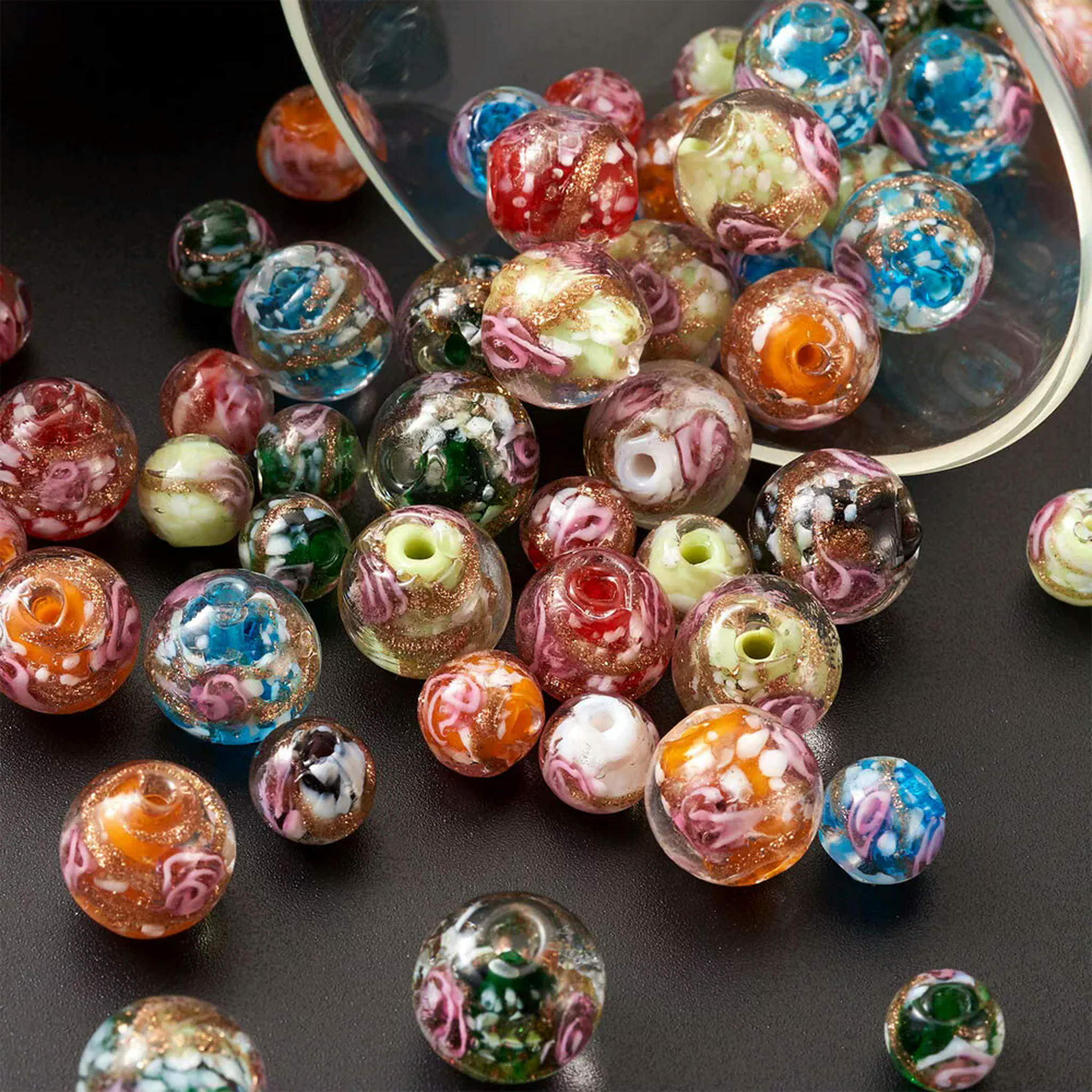 EOEMY 70Pcs Round Handmade Gold Sand Lampwork Beads Inner Flower Loose Spacer 8~12.5mm