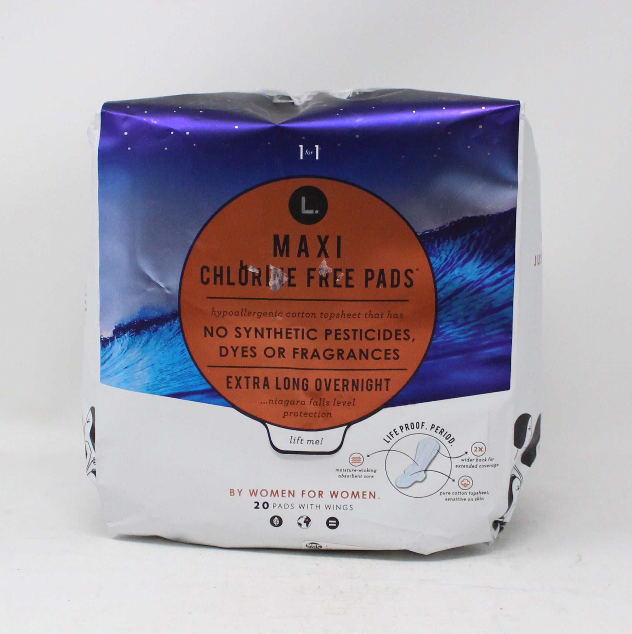 L. Maxi Chlorine Free Pads Extra Long Overnight 20 Pads With Wings