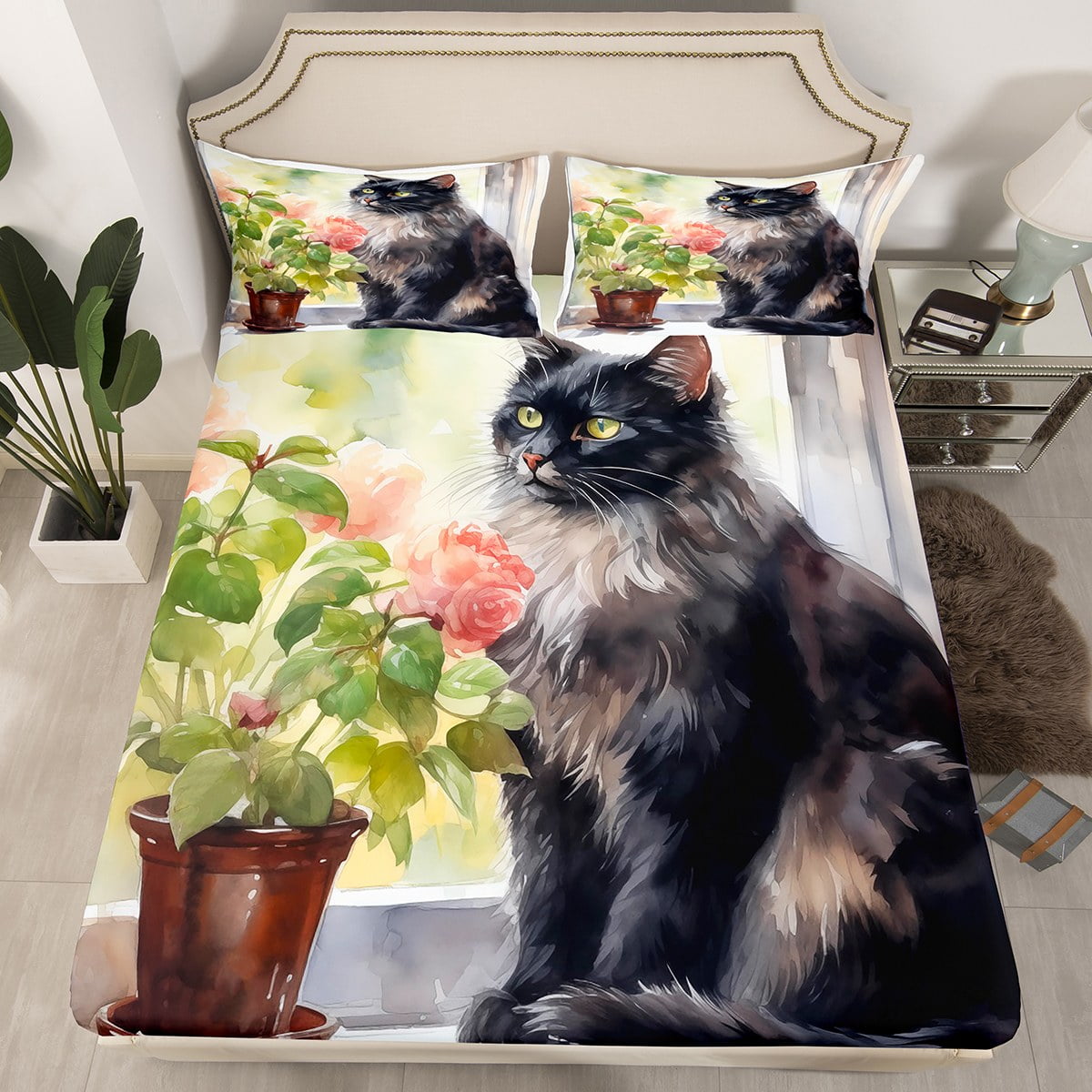 YST Cat Bedding Set for Girls Boys Kawaii Black Cat Bed Sheets Black Animal Print Fitted Sheet for Kids Boys Girls Farmhouse Cats Flowers Decor Sheets 2 Pillowcase Queen Walmart