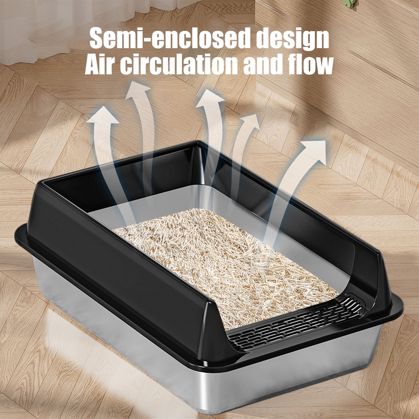 openpig Stainless Steel Litter Box, Metal Cat Litter Tray for Indoor Cats, Enclosure Cat Litter Pan for Cats, Non-Sticky Kitty Litter Box, Anti-Leakage, Black