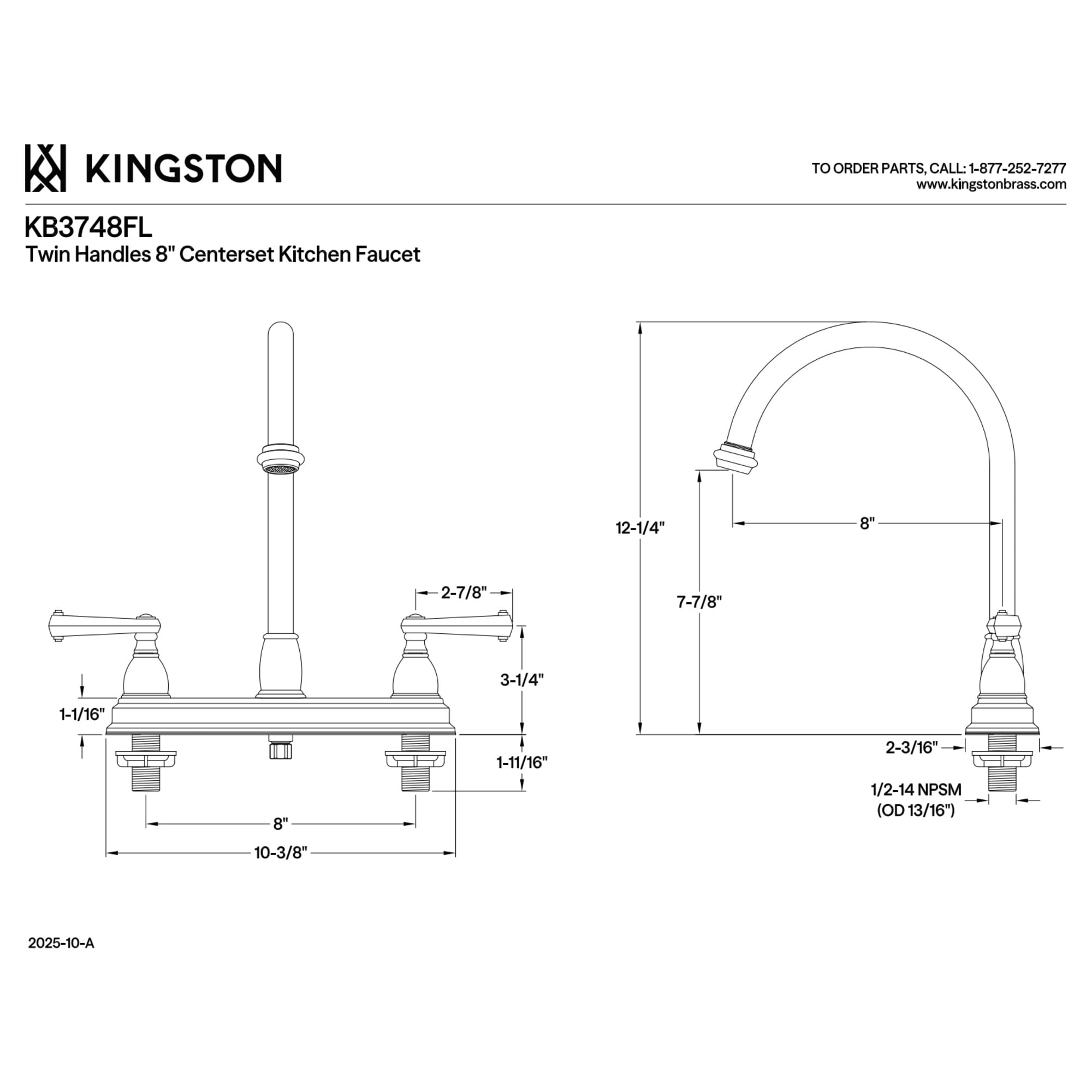 Kingston KB3748FL Two-Handle 3-Hole 8" Centerset Kitchen Faucet in Brushed Nickel