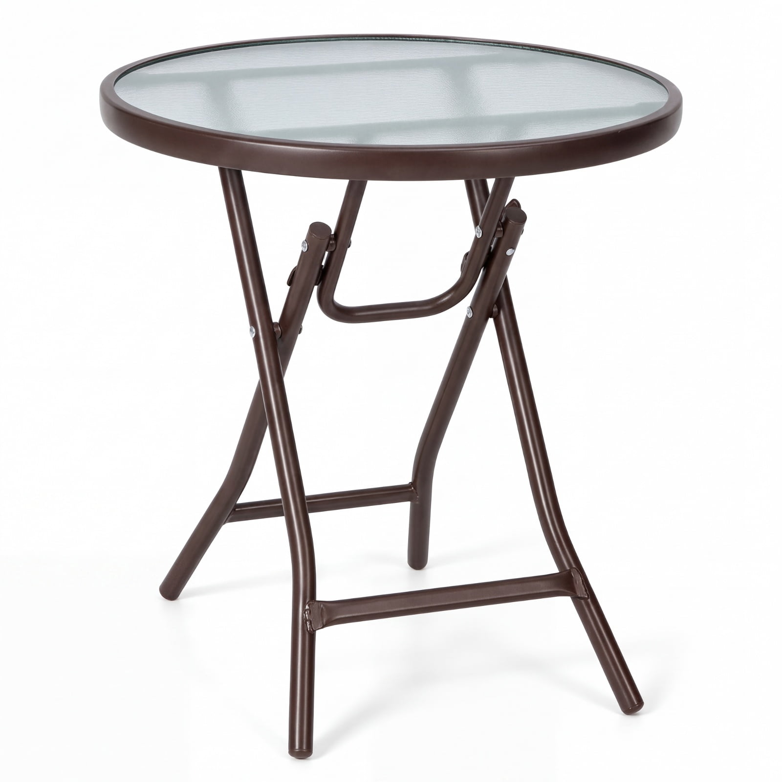 Furnibear Folding Patio Side Table with Tempered Glass Tabletop and Steel X Frame for Backyard Garden Poolside and Balcony, Black
