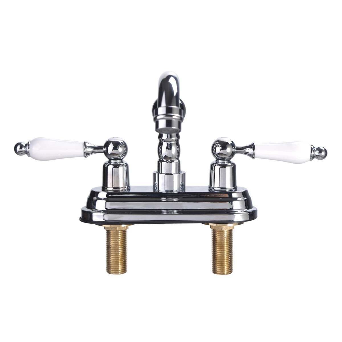 Chrome Polished Heavy Duty Brass Centerset Bathroom Sink Faucet 4" L Lux Belle Style White Double Handles Labeled Hot and Cold Accent Vanity Faucets with Supply Lines Renovators Supply Manufacturing