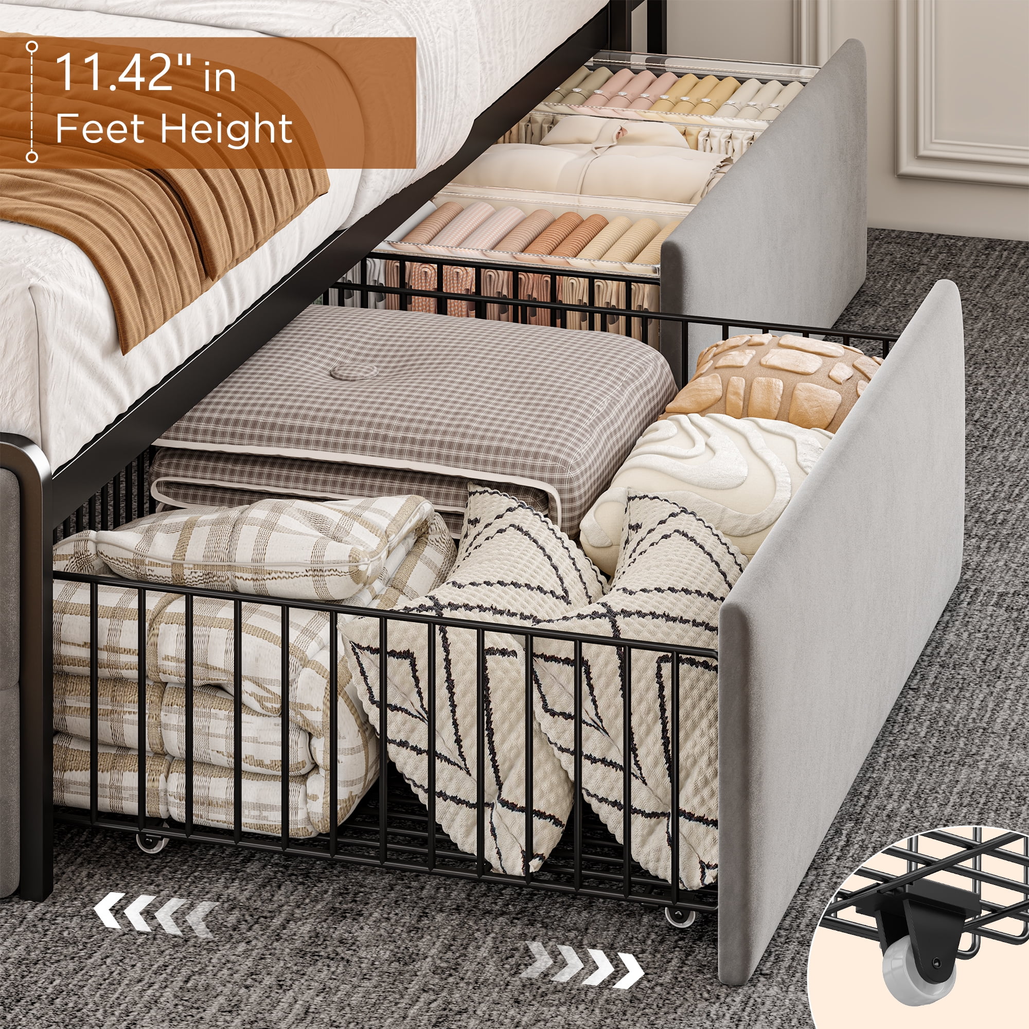 EnHomee Queen Upholstered Bed Frame with Headboard Storage Bed Frame with 4 Storage Drawers & LED Lights Platform Bed frame with Charging Station,Gray