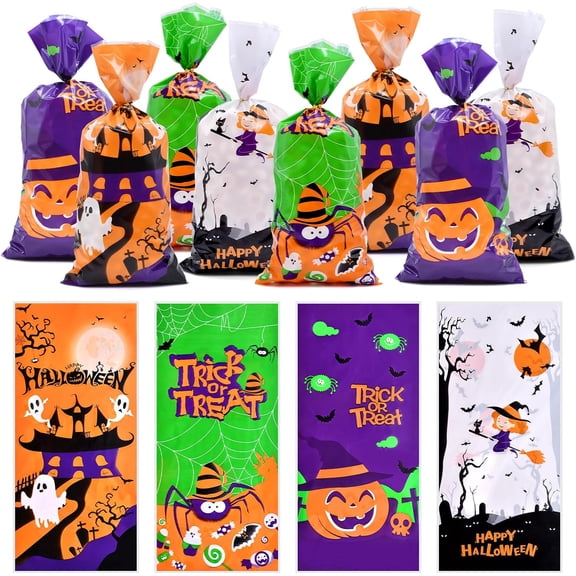 50 Pcs Halloween Cellophane Treat Bags – Trick-or-Treat Candy Goodie Bags with Pumpkin, Ghost, Witch, and Spider Designs – Cellophane Gift Bags with Twist Ties for Halloween Party
