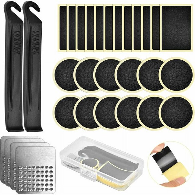 Kit de reparación de pinchazos de bicicleta de 30 piezas, kit de reparación de cámara de aire con parche de reparación de neumáticos de bicicleta sin pegamento, palancas de neumáticos y lima de metal