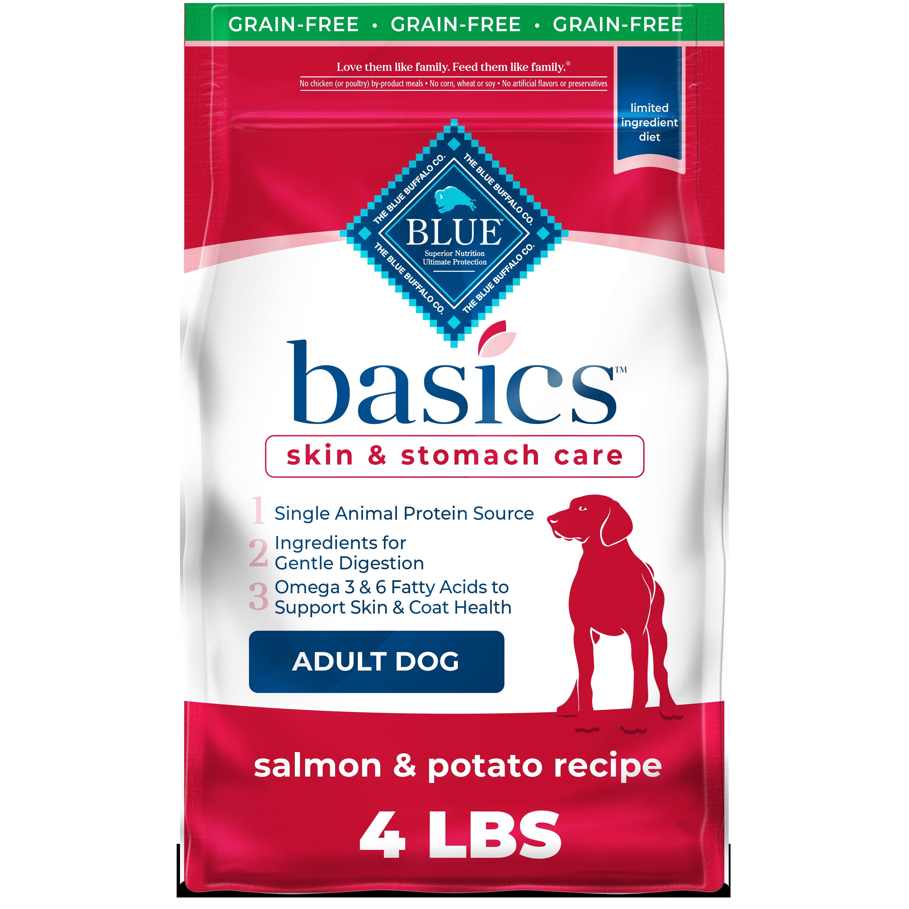 Blue Buffalo Basics Skin & Stomach Care Salmon and Potato Dry Dog Food for Adult Dogs, Grain