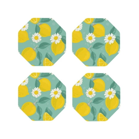 

Fuzoiu Lemons Chamomile Flowers And Leaves Print Leather Coasters Set Drink Coasters Set of 4 for Tabletop Protection Durable PVC Coasters Home Décor and Housewarming Gift-Octagon