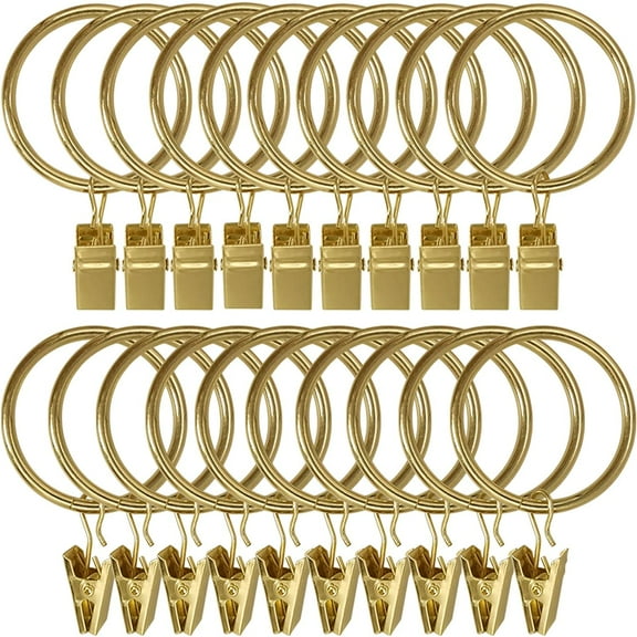 20 Pack Metal Curtain Rings with Clips, Curtain Clip Rings Hooks for Hanging Drapery Drapes Bows, Curtain Rod Rings 1.5 inch Interior Diameter, Gold