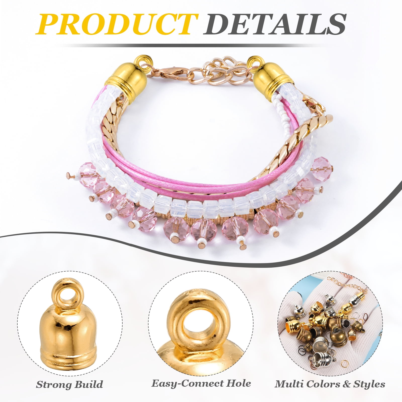 Uxcell 550Pcs Leather Cord End Caps, 4.8 to 11.8mm ID Tassel Barrel End Caps with Extender Chains and Jump Rings for Jewelry Making Findings DIY Bracelet Necklace, Bright Gold Tone
