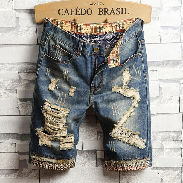 2023 Summer New Men Vintage Ripped Short Jeans Streetwear Hole