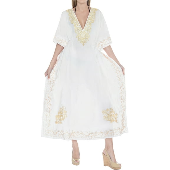 HAPPY BAY Women's Summer Loungewear Relaxed Fit Caftan Maxi Robe Nightgown for Women 1X-2X Ivory_AC456