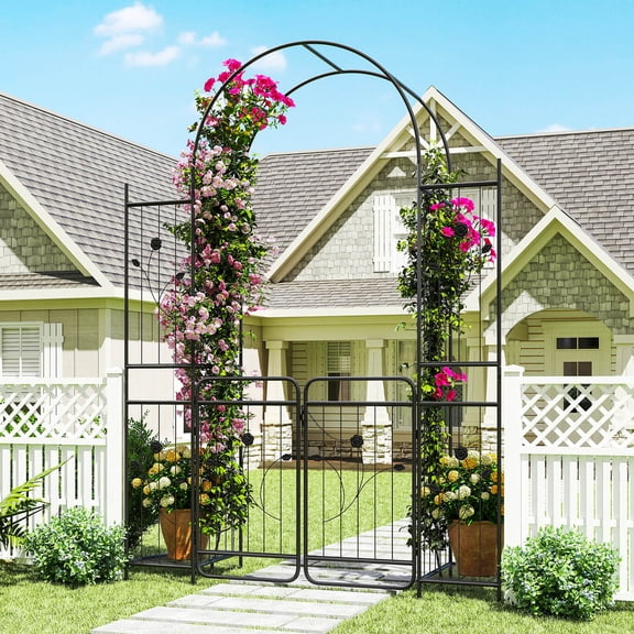 Costway 87" Tall Garden Arch with Gate, Planter Shelves & Trellises. Metal Arbor for Patio