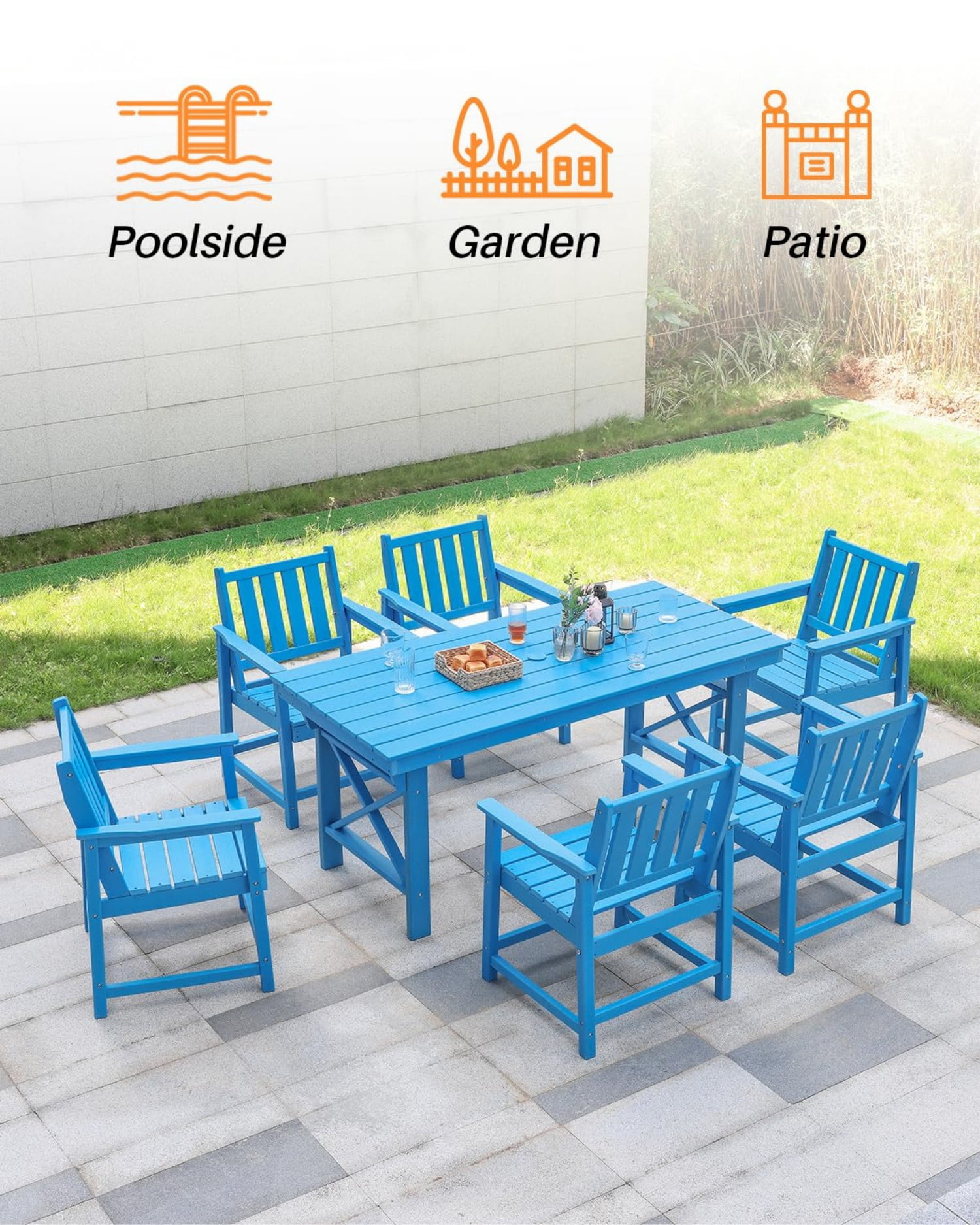 HDPE Dining Chair Set of 4, All Weather Outdoor Dining Chairs with Ergonomic Backrest, Heavy Duty Patio Chairs for Backyard, Garden, Poolside, Deck, Sky Blue