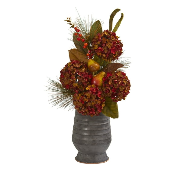26in. Hydrangea, Pear and Magnolia Artificial Arrangement in Metal Vase