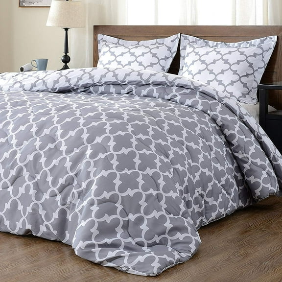 Printed Queen Comforter Set - Grey Queen/Full Comforter, Soft Bedding Sets for All Seasons -3 Pieces - 1 Comforter (88"x92") and 2 Pillow Shams(20"x26")