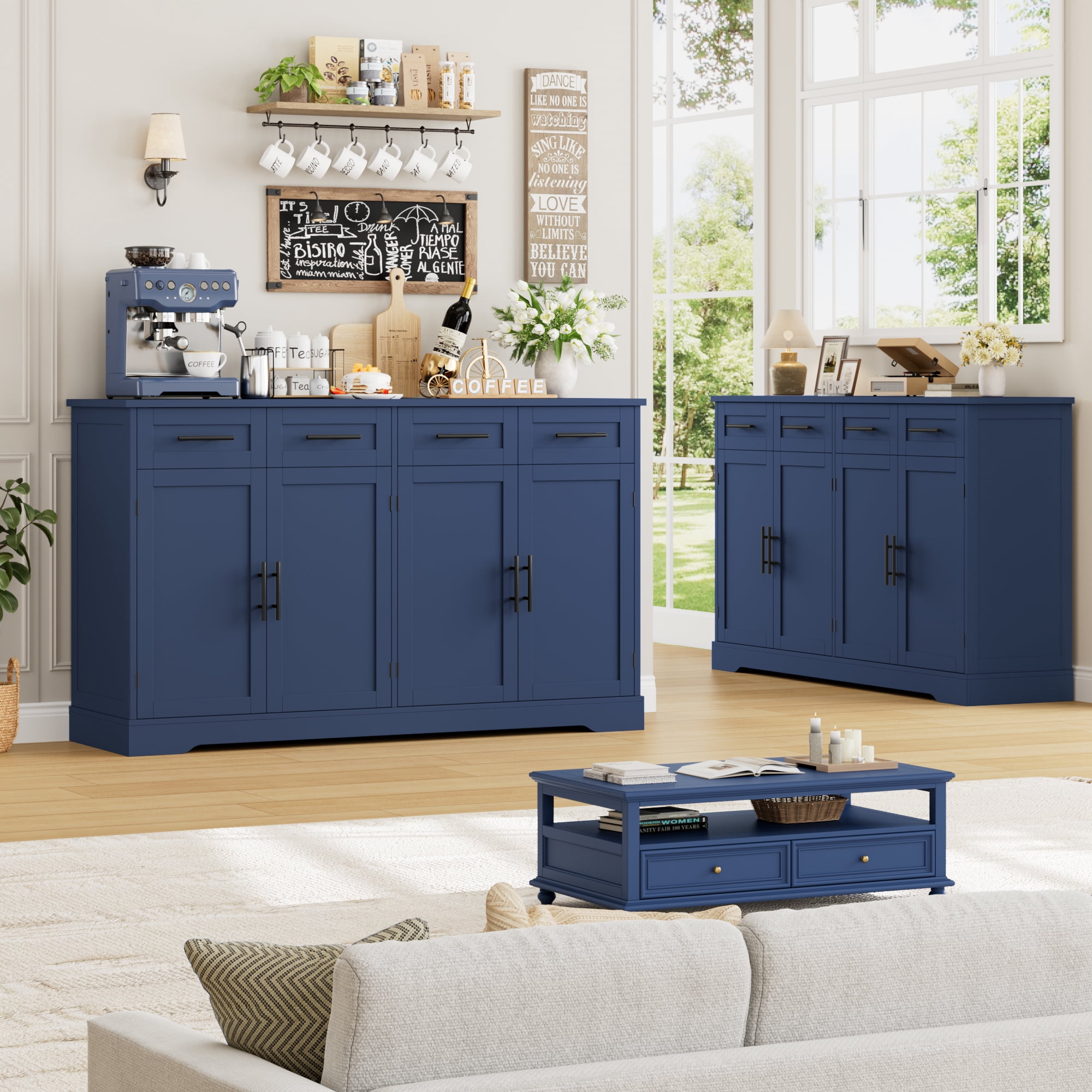 Homfa Farmhouse Buffet Cabinet with 4 Drawers and 4 Doors, 59" W Sideboard Buffet Storage Cabinet with Shelves, for Kitchen Living Room Bedroom, Blue