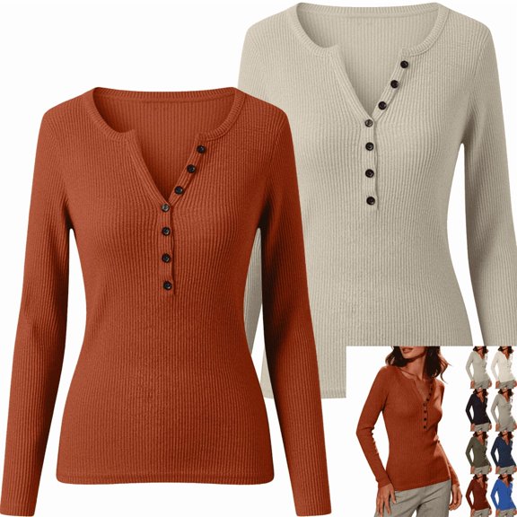 Fancifize 2PC Women's Ribbed Knit V Neck Shirts Long Sleeve Lightweight Sweater Casual Pullover Tops for Fall Winter XS-XL