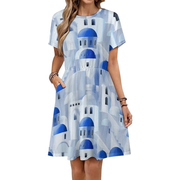 Santorini Island in The Greece Short Sleeve Dress Women Summer Evening Dresses Ladies Sundress