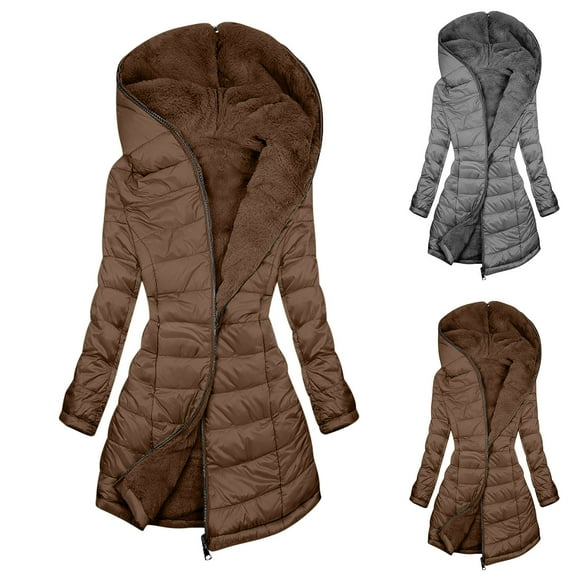 JURANMO Women's Down Jacket Hooded Windproof Puffer Coat Plus Size Fleece Warm Winter Jacket Solid Color Slim Down Jackets with Pockets Deals of the Day Brown XL