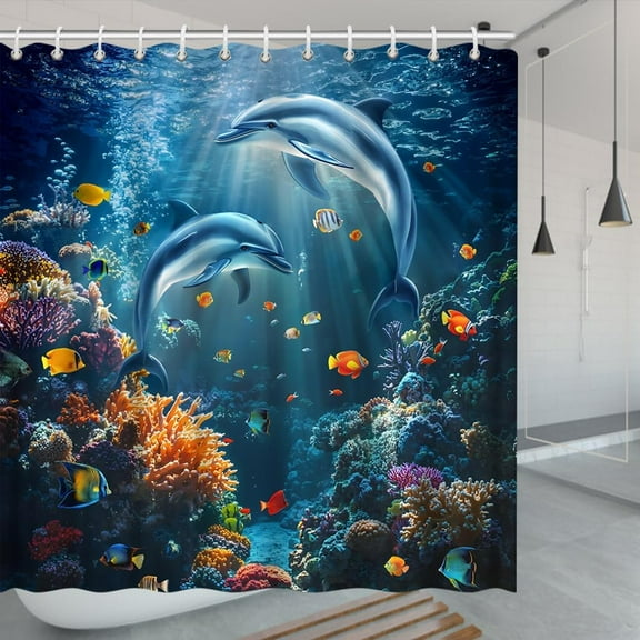 Dolphin Shower Curtain Blue Ocean Animal Plant Sea Tropical Fish Coral Summer Beach Underwater Nautical Bath Decor Polyester Fabric Curtains-72"W x 84"L (Pack of 1)