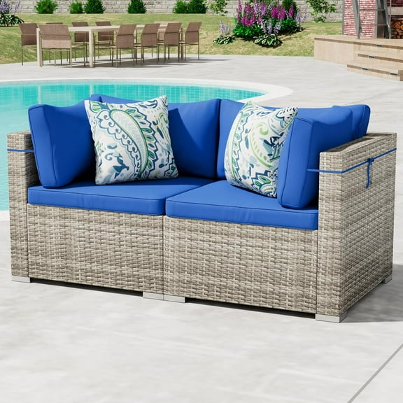 2 Piece Patio Furniture Set, Outdoor Wicker Patio Sofa Set, PE Rattan Sectional Couch and Blue Cushions, All-Weather 2 Piece Outdoor Patio Furniture Sets, Grey