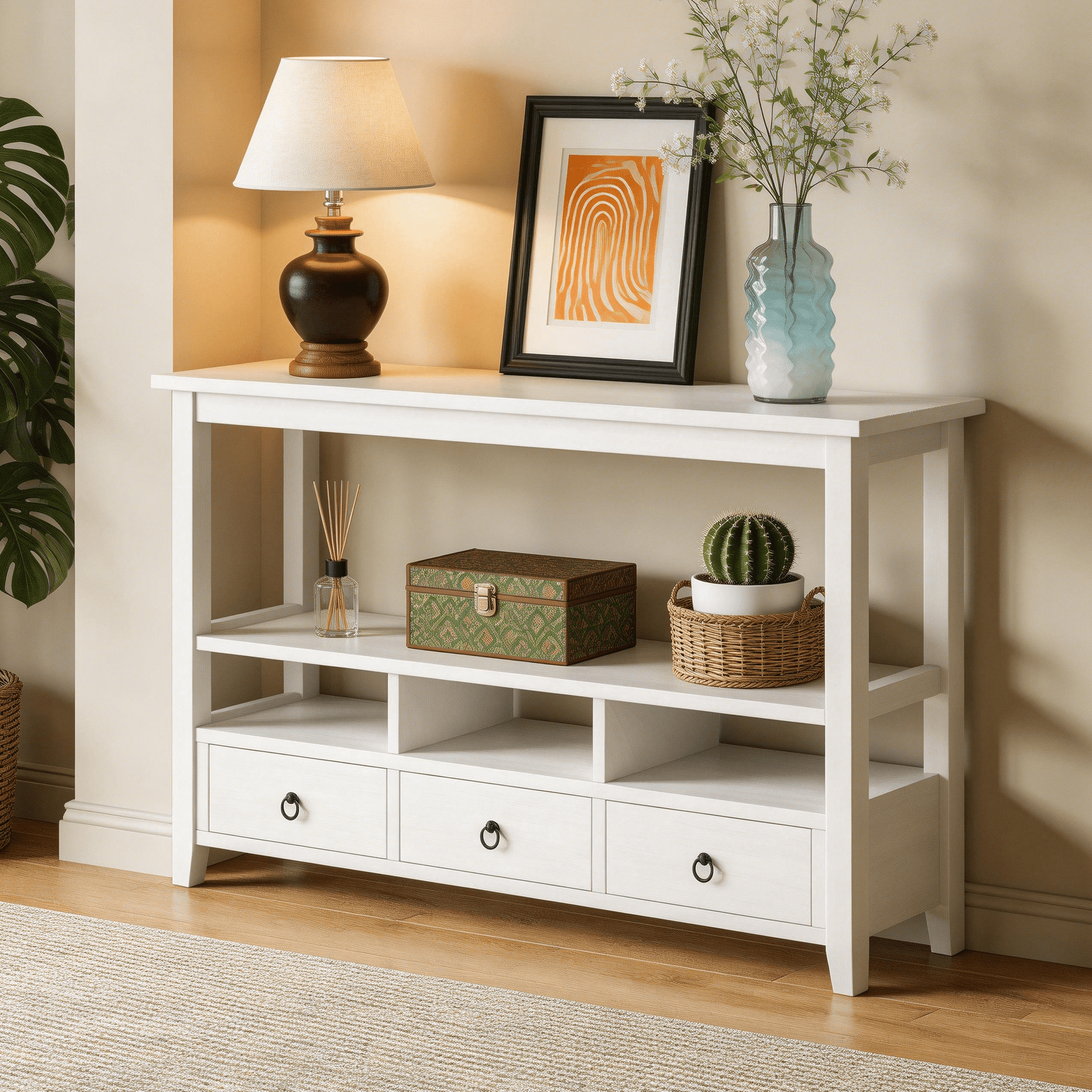 Ktaxon 58" Mid-Century Console Table with 3 Drawers, Sofa Table Entryway Table Living Room Storage Table with 4 Shelves for Hallway, Entry, Foyer, Office, White