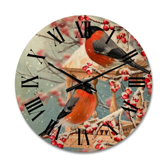 Designart 'Two Tits Sit On A Snow-Covered Berries Branch ' Traditional Wood Wall Clock