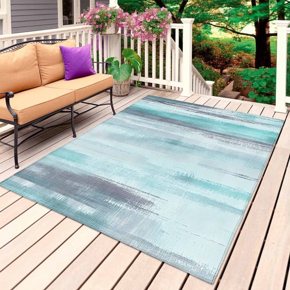 Turquoise Gray Ombre Outdoor Rug for Patio/Deck/Porch, Non-Slip Large Area Rug 5 x 8 Ft, Modern Abstract Art Oil Painting Indoor Outdoor Rugs Washable Area Rugs, Reversible Camping Rug Carpet Runner