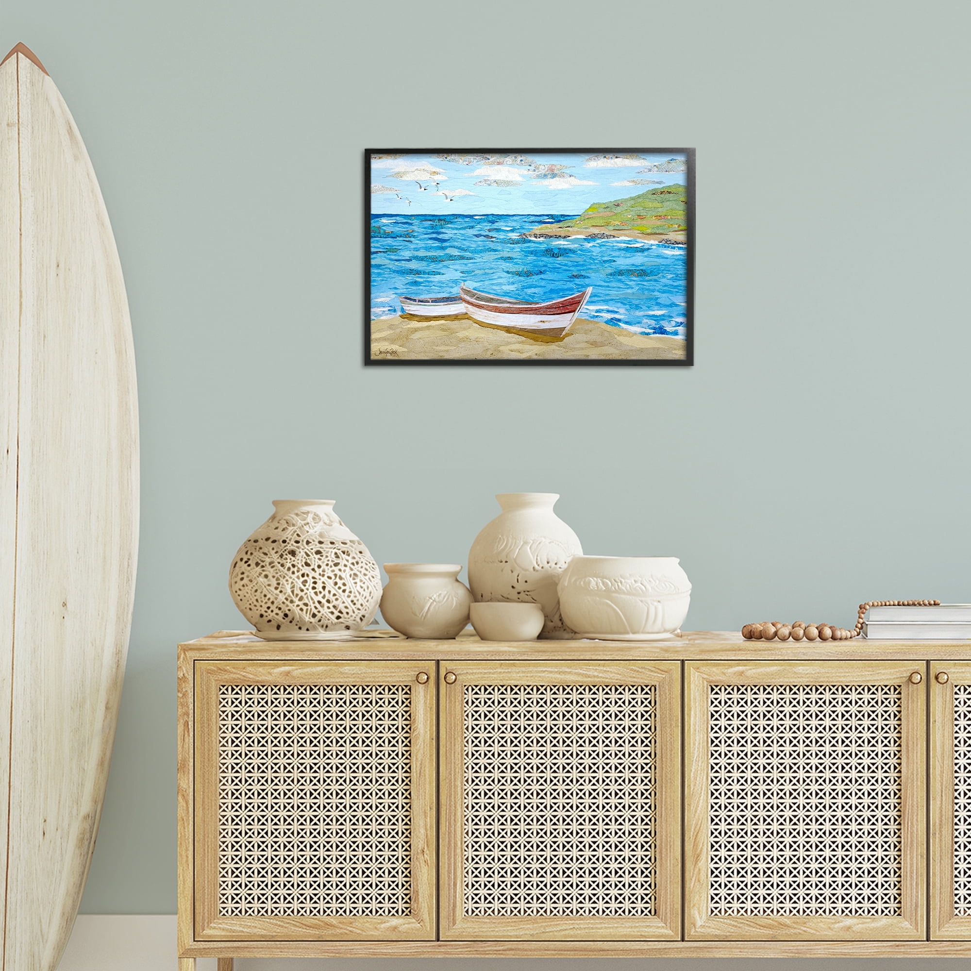 Stupell Industries Mykonos Docked Boat Landscape Painting Black Framed Art Print Wall Art, 24 x 16
