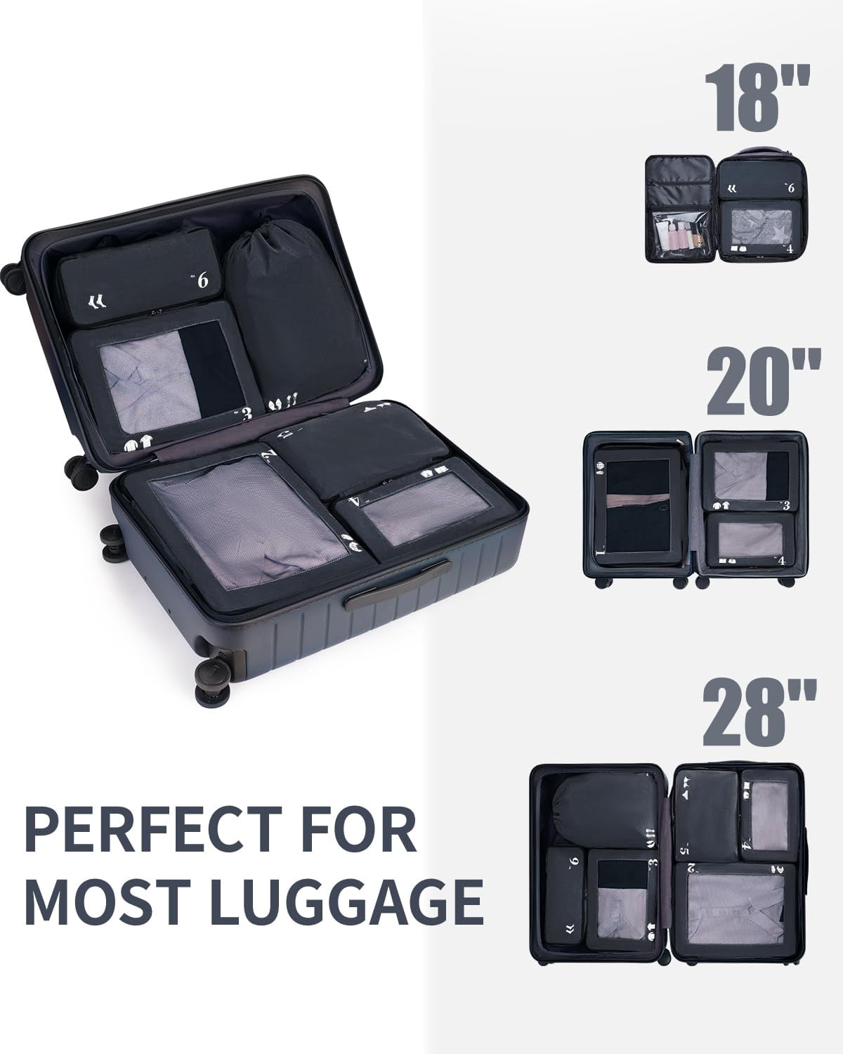 7 Pcs Packing Cubes for Travel Organizer Tear-Resistant with Number Icon Handle Storage Bags for Carry on Bag for Clothes Shoes, Dark Blue