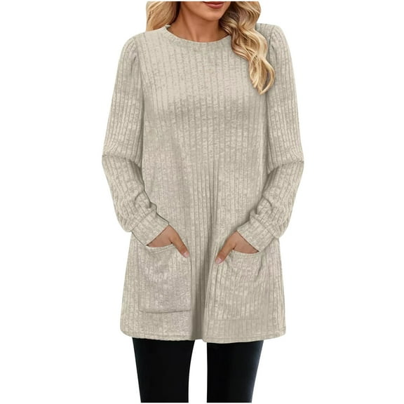Perfectbot Womens Shirts Long Sleeves Textured Knit Crewneck Tunic Tops Fall Long Sweaters