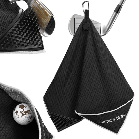 4-in-1 Magnetic Golf Towel with Golf Brush & Cleaning Pocket -3 Stage Cleaning System - Super Strong Golf Club Cleaner- Microfiber Waffle Design- Golf Accessories and Gifts for Men Women (Black)