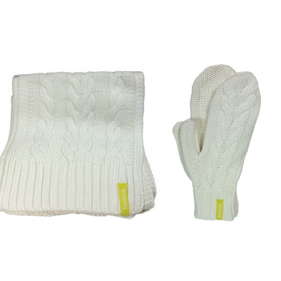 REEBOK Women’s s Large Knitted Scarf & Small Mitten Gloves SET Woolen Thick Cosy High Quality Cream