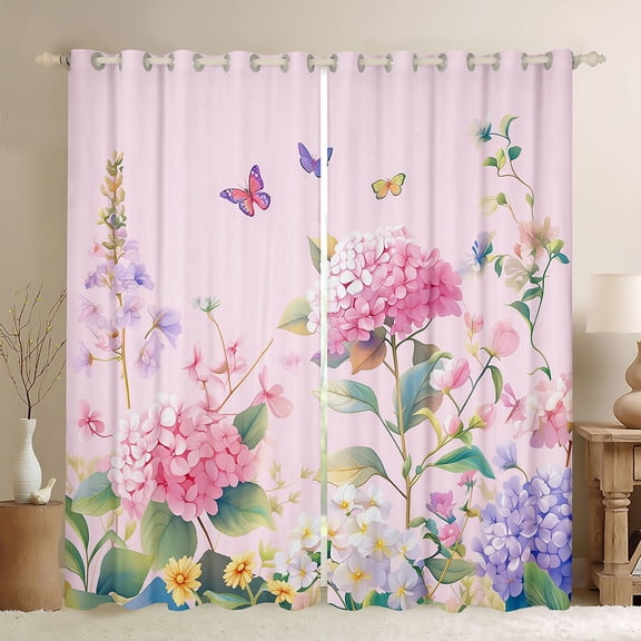 Castle Fairy Teens Flying Butterflies Black Out Curtains,Spring Garden Flowers Curtains Pack of 2 (42x63 Each),Dreamy Princess Floral Bedroom Curtains,Lightweight Room Decor