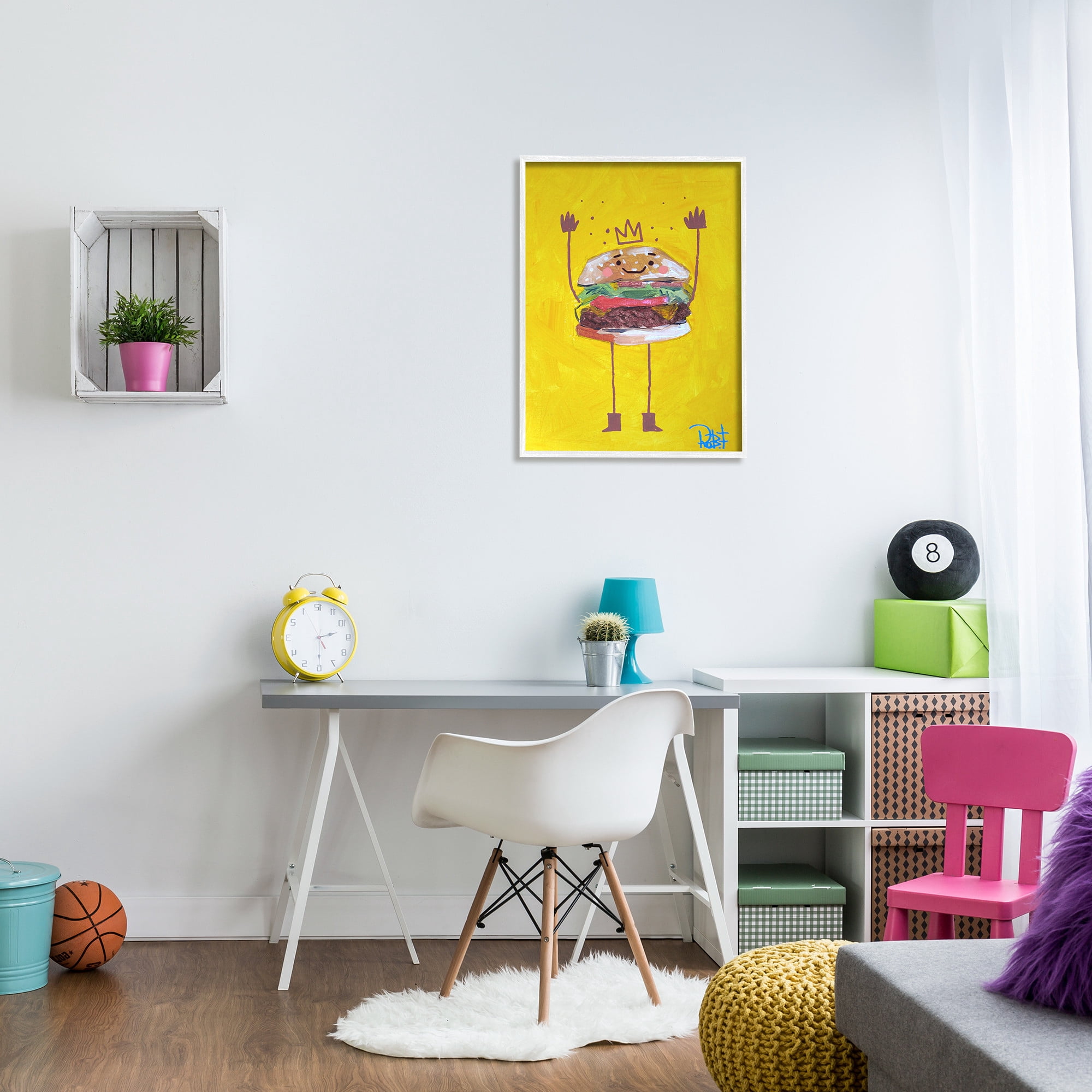 Stupell Industries Smiling Hamburger Crown Food Character Painting White Framed Art Print Wall Art, Design by Robert Filiuta