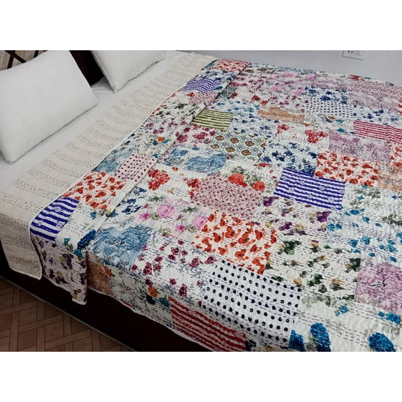 Patchwork Floral Kantha Bedding Floral Print Kantha Throw Queen Quilt Cotton Light Weight Winter Summer Vintage Blanket Bedding