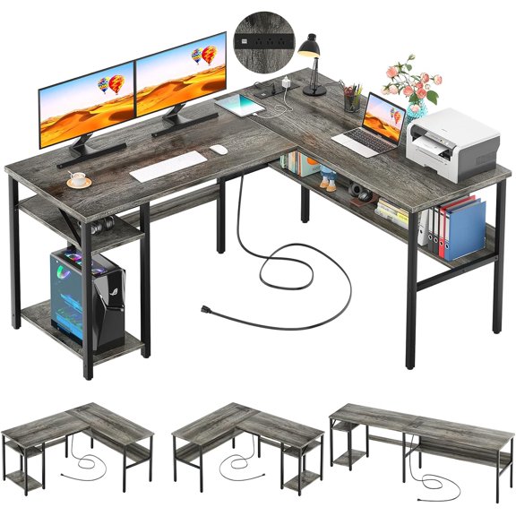 Reversible L Shaped Desk with Power Outlets and USB Charging Ports Sturdy Corner Computer Desk with Storage Shelves Black Oak