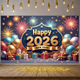 thumbnail image 5 of Gold Star Design Happy New Year Banner Firework Pattern 2026 New Year Display Colorful Balloons Gift Box Decor New Year Backdrop for New Year Party Holiday Celebration Indoor Decoration, 5 of 9
