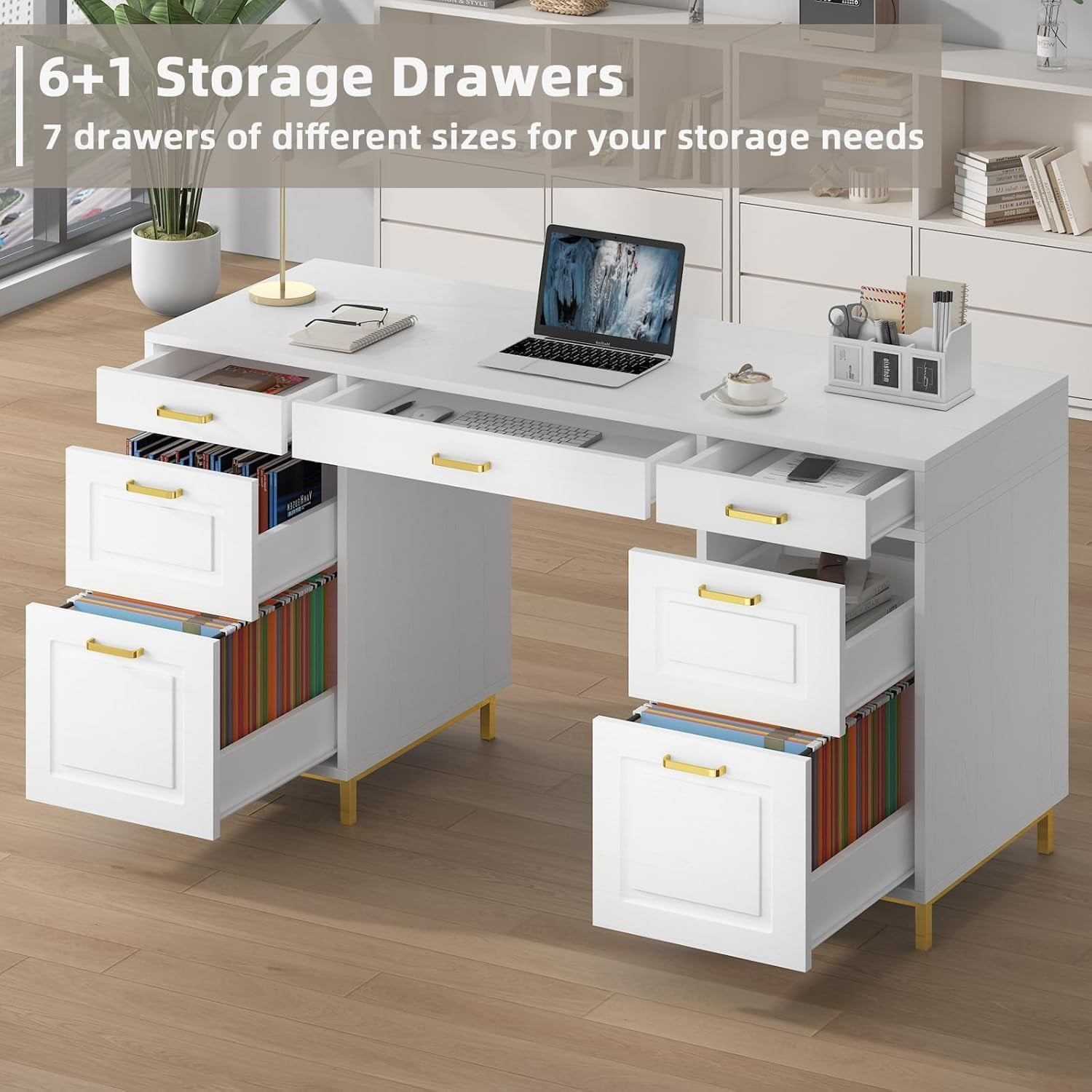 DreamCurship 57" Computer Desk with Storage, White and Gold with 7 Drawers, Executive Desk with File Drawers, Home Office Desk for Home Office, White and Gold