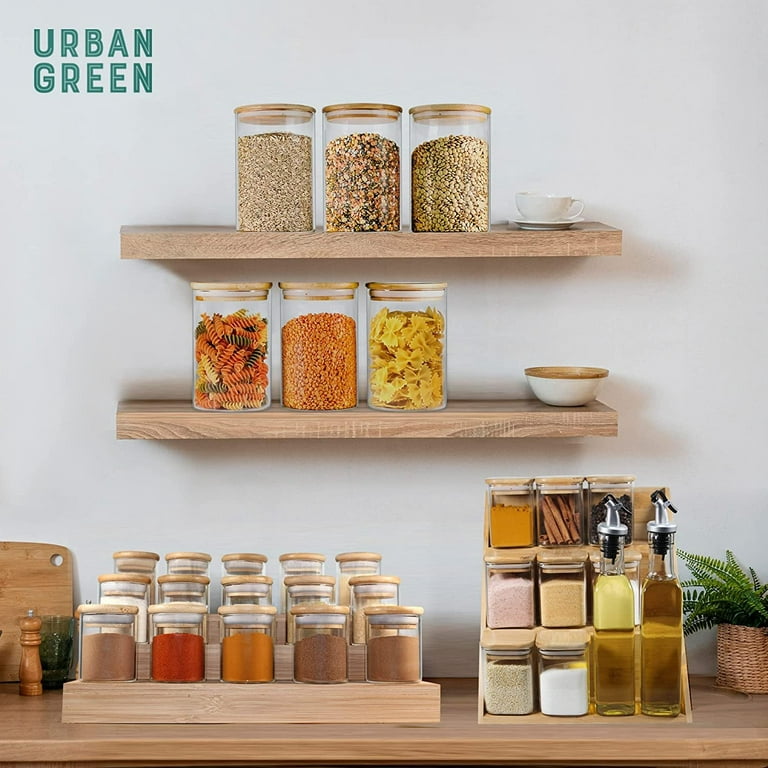 Glass Jar with Bamboo Lids Urban Green, Spice Jar Set 20pcs, Glass