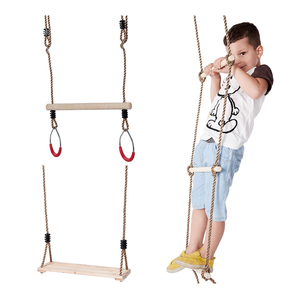 Wooden Swing Seat Wooden Trapeze Bar with Rings for Tree Outside Backyard Vocheer Climbing Rope Ladder for Kids Wooden Swing Set