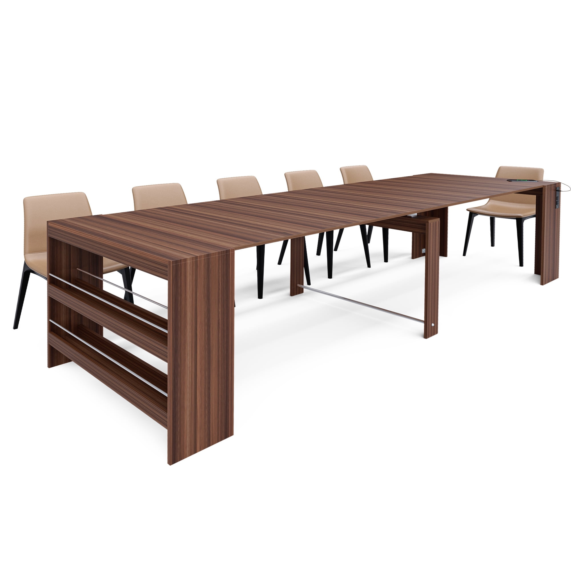 Advwin 118" Extendable Dining Table with Outlets & Storage, Folding Multipurpose Table for 2-12 People, Modern Wooden Table for Meetings, Weddings, Office, Party, Brown