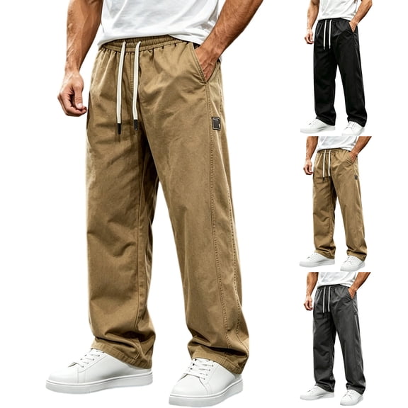 Ihhxva Men's Elastic Waist Pants Straight Leg Casual Loose Fit Summer Solid Color Stretchable Trousers Daily Wear Slacks - Black L