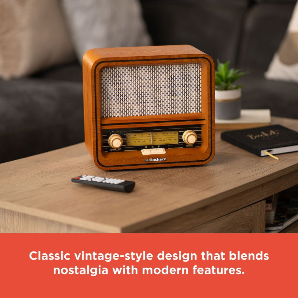 RadioShack Retro AM/FM Radio with Bluetooth, Dual 5W Speakers, Analog Tuning, Wooden Finish, Model 4001796