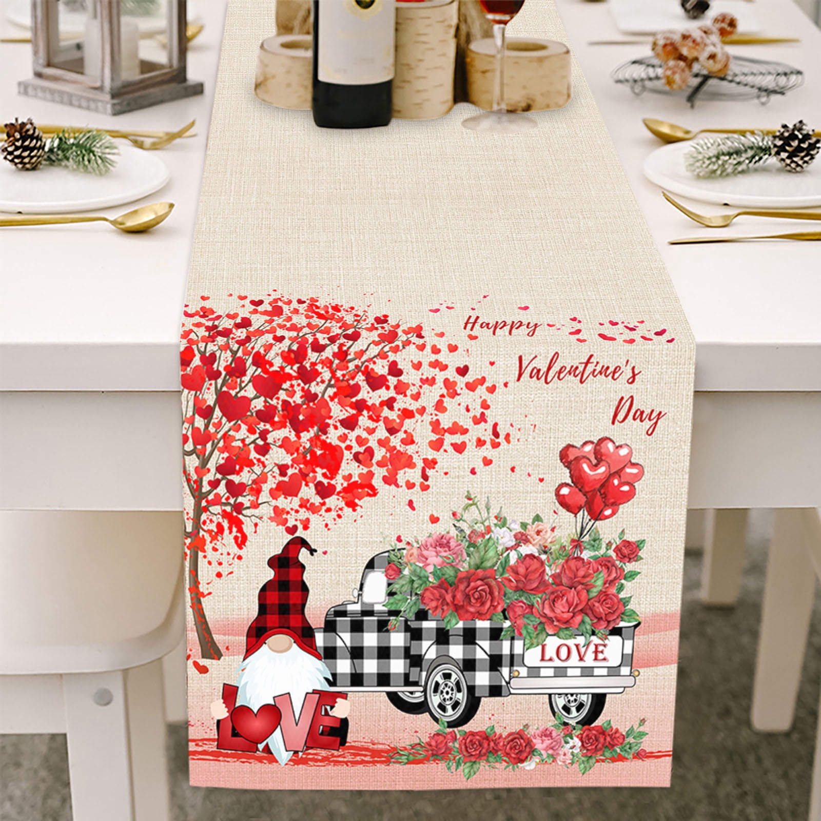 Valentine's Day Table Runner Cotton Linen Love Heart Gnome Tables Cloth ...