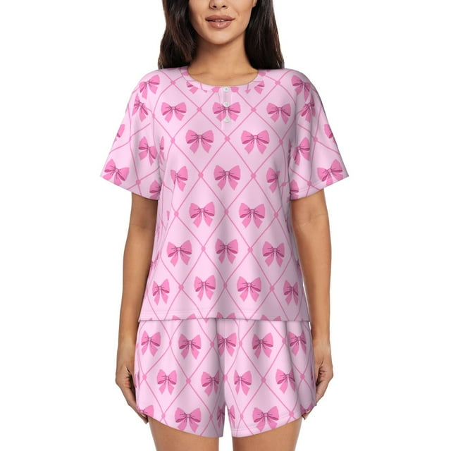 Fotbe Pink bows Conjunto de Pijama Estampado para Mujer, 2 Piezas, Ropa de Dormir con Camiseta de Manga Corta y Shorts Suaves-Small