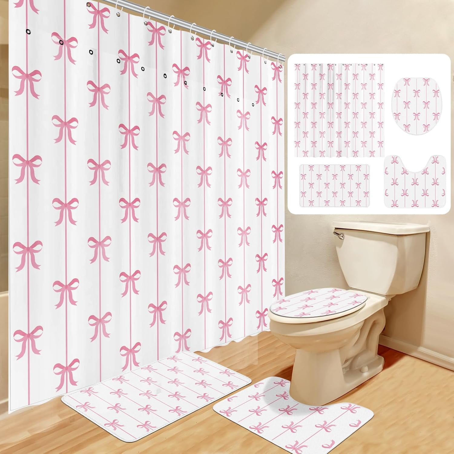 Pink Bow Knot Shower Curtain Set 4 Pcs Coquette Bow Bathroom Decor Set with Rugs Romantic Pink Aesthetic Bathroom Curtain with 12 Hooks for Women