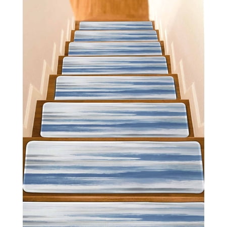 Blue Gray White Stair Treads for Wooden Steps Indoor Runner Rug Carpet Modern Abstract Mottled Aesthetic 7 Pieces Peel and Stick Staircase Step Treads Covers Washable Throw Door Mats 30 x8