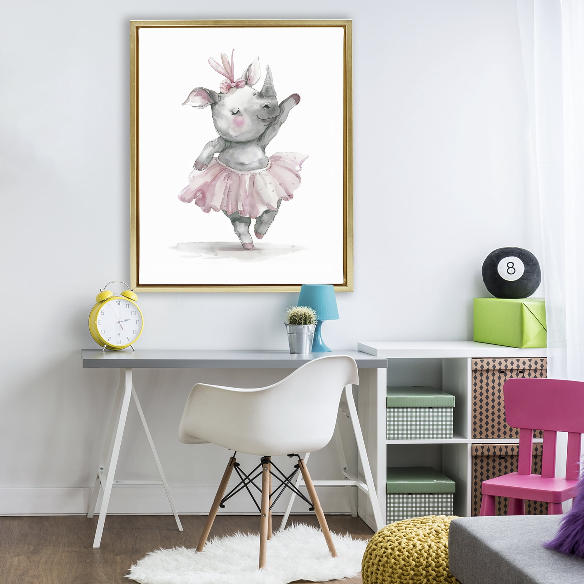 Stupell Industries Ballerina Rhino in Pink Tutu Gold Framed Floater Canvas Wall Art, design by LSR Design Studio